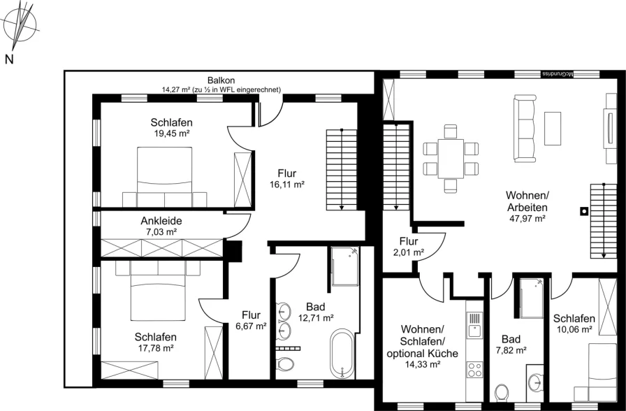 Obergeschoss mit 169,06qm Wohnfläche / Südost-Balkon mit 14,27qm zu 1/2 in WFL eingerechnet