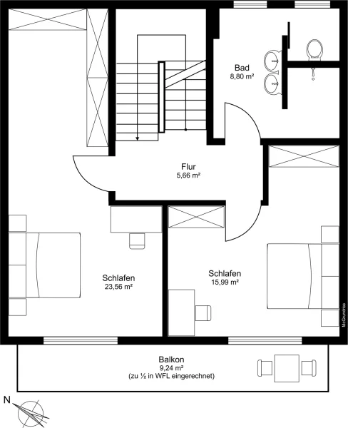 Obergeschoss mit 58,63qm Wohnfläche / Südwest-Balkon mit 9,24qm zu 1/2 in WFL eingerechnet