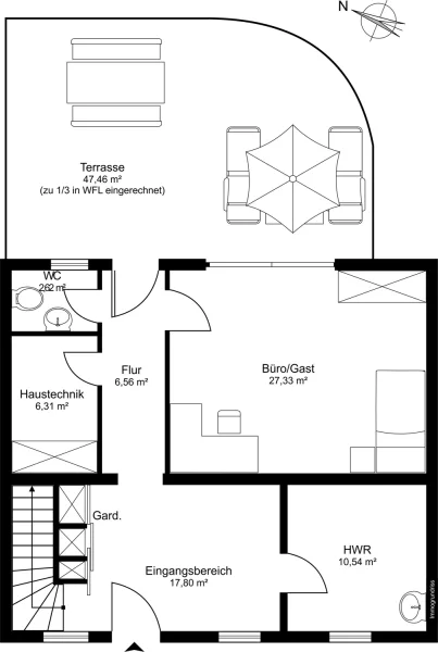 Erdgeschoss mit 80,67qm Wohnfläche / Ost-Terrasse mit 47,46qm zu 1/3 in WFL eingerechnet