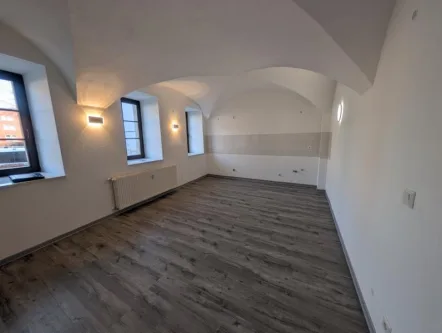 Wohnzimmer mit offener Küche - Wohnung mieten in Lutherstadt Eisleben - O186W1: Moderne 2-Raum-Erdgeschoss-Wohnung im Stadtzentrum!