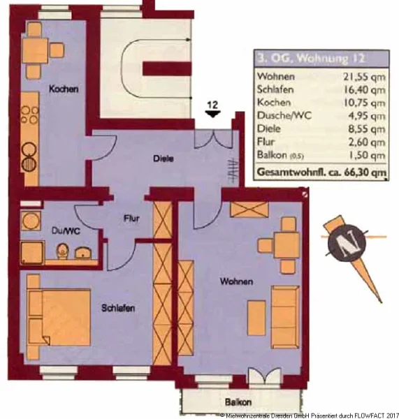 Grundriss - WG-geeignete 2-Raum Wohnung in Uni Näh