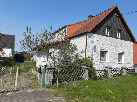 Straßenansicht mit Leichtbaugarage - Haus kaufen in Großwig b Torgau - Kleines Einfamilienhaus in ruhiger Lage