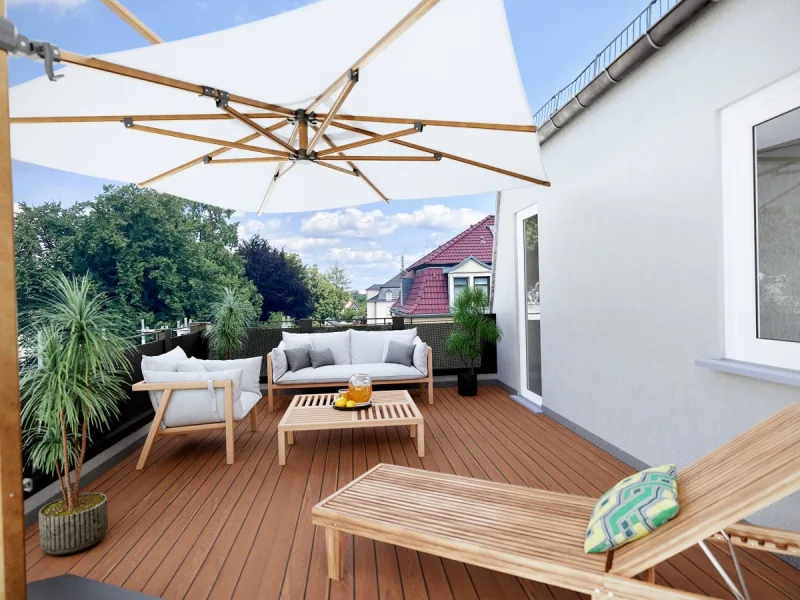 Urlaubsterrasse mit Sonnengarantie - Wohnung kaufen in Dresden - Penthouse mit großer Urlaubsterrasse, 4 Zimmer, Edel  modern ausgestattet! Erstbezug! Familientraum!