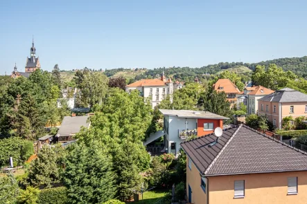 Ausblick Wohnzimmer - Wohnung kaufen in Radebeul - Blick auf die Radebeuler Weinberge - tolle Dachgeschoss-ETW mit Rundumblick und Stellplatz.