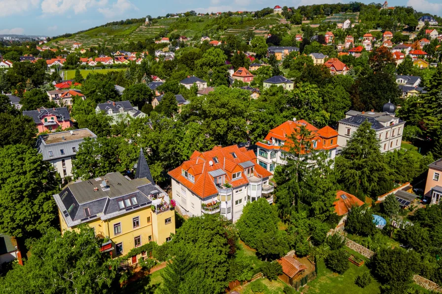 Luftbild _ Blick zum Balkon - Wohnung kaufen in Radebeul - 2-Raum-Mieterparadies in ruhiger Lage von Radebeul - mit Balkon und inkl. Stellplatz.