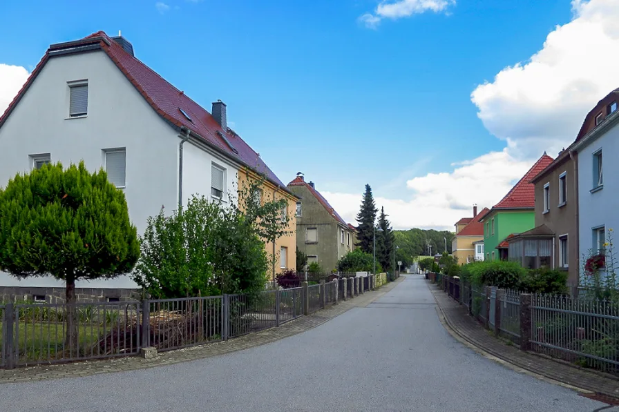 Blick in die Anliegerstraße - Haus kaufen in Pulsnitz - Provisionsfrei für Käufer! Doppelhaushälfte in Pulsnitz