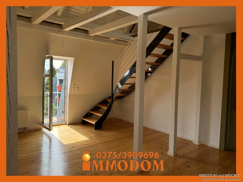 Offenes Design mit freistehender Treppe - Wohnung mieten in Zwickau - Designer-Maisonette Wohnung mit 2 Zimmern, freistehender Stahltreppe, Blick ins Grüne und WOW-Faktor