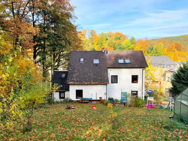 Hausansicht mit Garten - Haus kaufen in Schwarzenberg/Erzgebirge - Diese Aussicht zaubert Ihnen ein Lächeln ins Gesicht