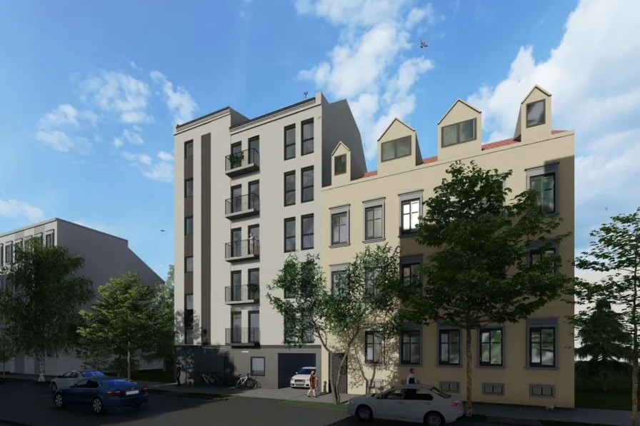 Visualisierung Gebäudeansicht - Wohnung kaufen in Leipzig - KLEIN, FEIN, MEIN // Ihr Neubau-Appartement mit Terrasse und Garten wartet auf Sie!