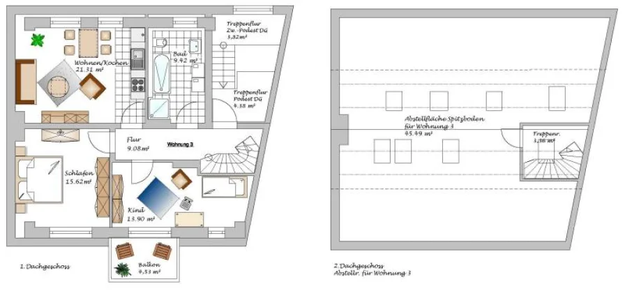 Grundriss Dachgeschoss - Wohnung mieten in Güstrow - Nach Kernsanierung - Hochwertige 3-Raum-Wohnung mit großem Spitzboden