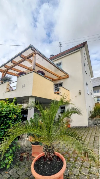 Ansicht mit Terrasse und Carport