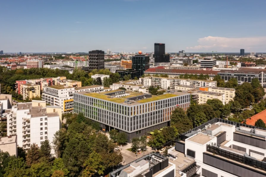 Luftbild - Büro/Praxis mieten in München - STOCK - ansprechende Architektur | ökologische Bauweise | DGNB Gold Zertifizierung