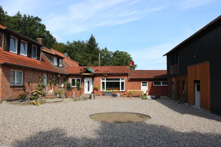 Sicht auf die drei Wohneinheiten und Innenhof - Haus kaufen in Seedorf - Ein Domizil in ruhiger Lage mit 3 Wohneinheiten, Pferdestall, Werkstatt und Padock