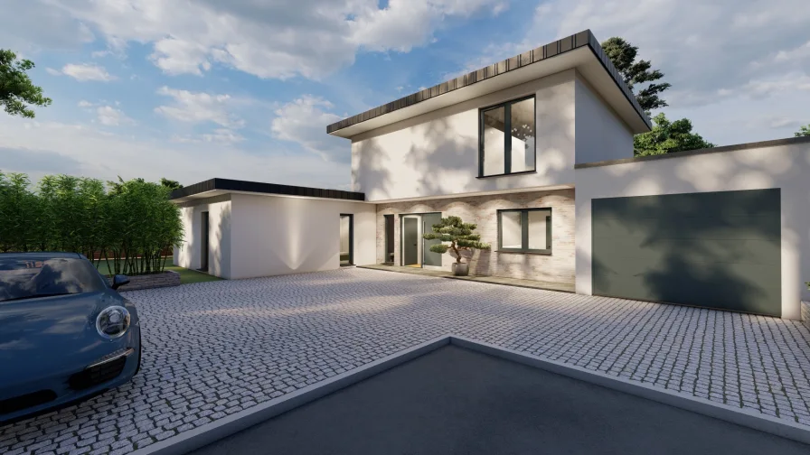 Außen Straße Dämmerung - Haus kaufen in Kaarst - Schlüsselfertiges Architektenhaus in Feldrandlage