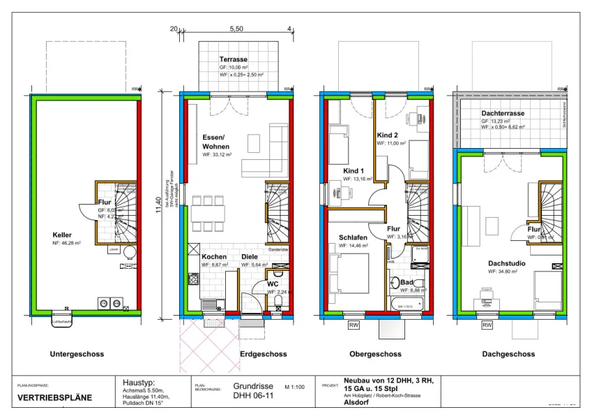 Grundriss Haustyp Nova 550 (DHH 7, 9 + 11; 6, 8 + 10 spiegelverkehrt)