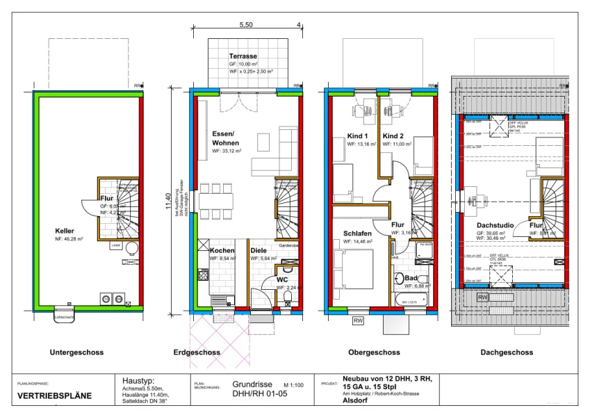 Grundriss Haustyp Swing 550 (DH1 + RH 3, 4 ; DH2 + 5 spiegelverkehrt)