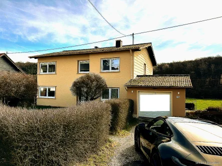 Ansicht mit Garage - Haus kaufen in Nohfelden / Gonnesweiler - Zweifamilienhaus mit Garagen und großem Grundstück Nähe Bostalsee