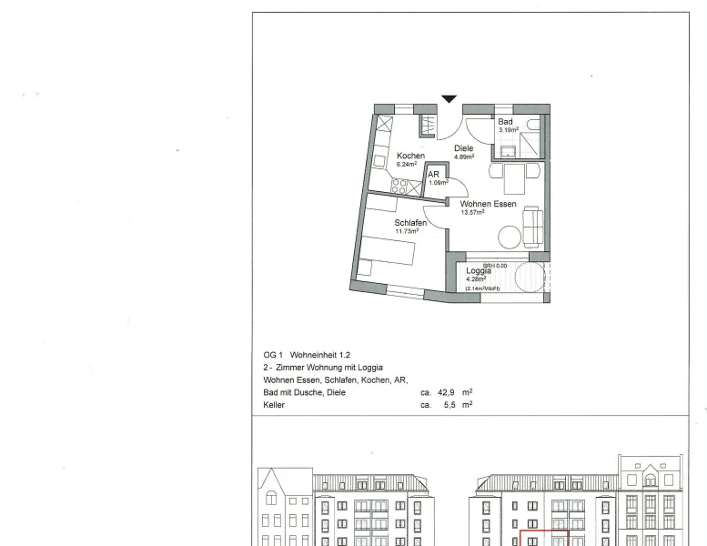 1.Obergeschoss 42,90 m²