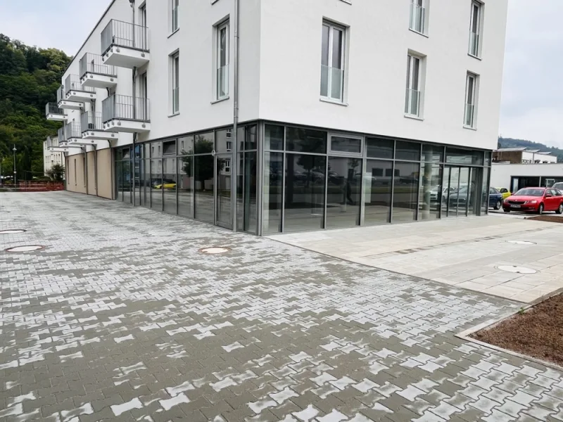 Außenansicht Parkplatz - Laden/Einzelhandel mieten in Annweiler am Trifels - Gewerbefläche zum Erstbezug mit großzügiger Terrasse und 21 Stellplätzen in Annweiler