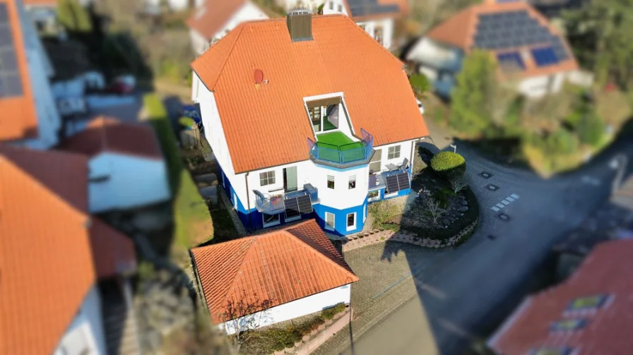 Drohnenansicht - Haus kaufen in Burrweiler - Gepflegtes, ansprechendes Dreifamilienhaus in ruhiger Lage von Burrweiler