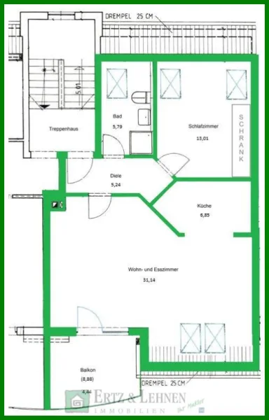 2 Zimmer, offene Küche, Dusch-WC, Balkon