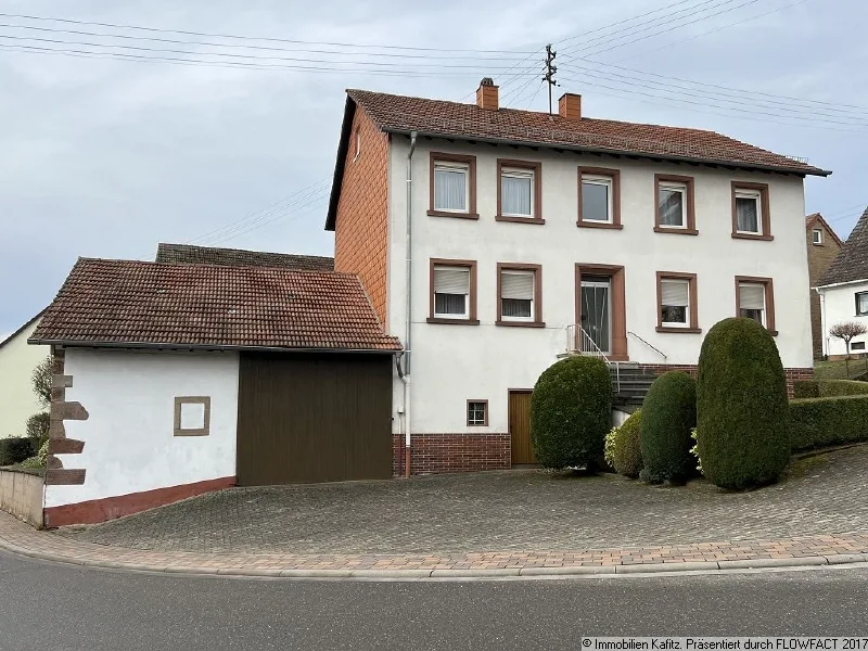 Vorderseite mit Nebengebäude - Haus kaufen in Eulenbis - Ehemaliges Bauernhaus mit Stall und Scheunen auf großem Grundstück