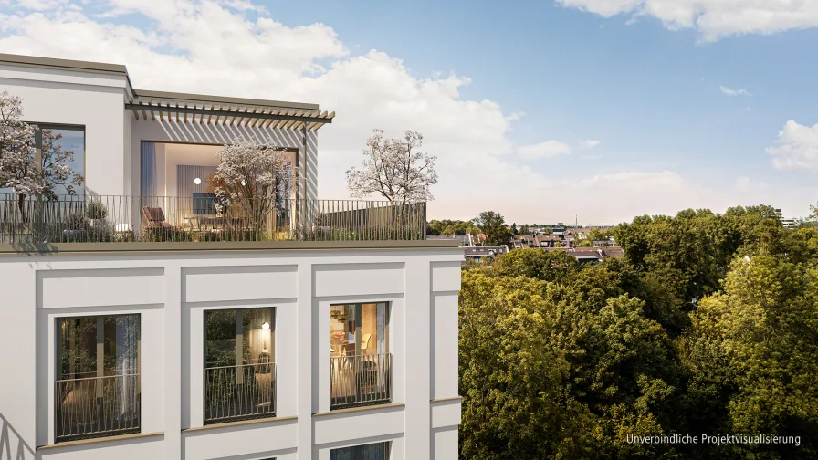 Exklusive Terrassen - Wohnung kaufen in Düsseldorf - Ideal zugeschnittene 3-Zimmer-Wohnung, Schlafzimmer mit Bad en Suite und schönem Süd-West-Balkon