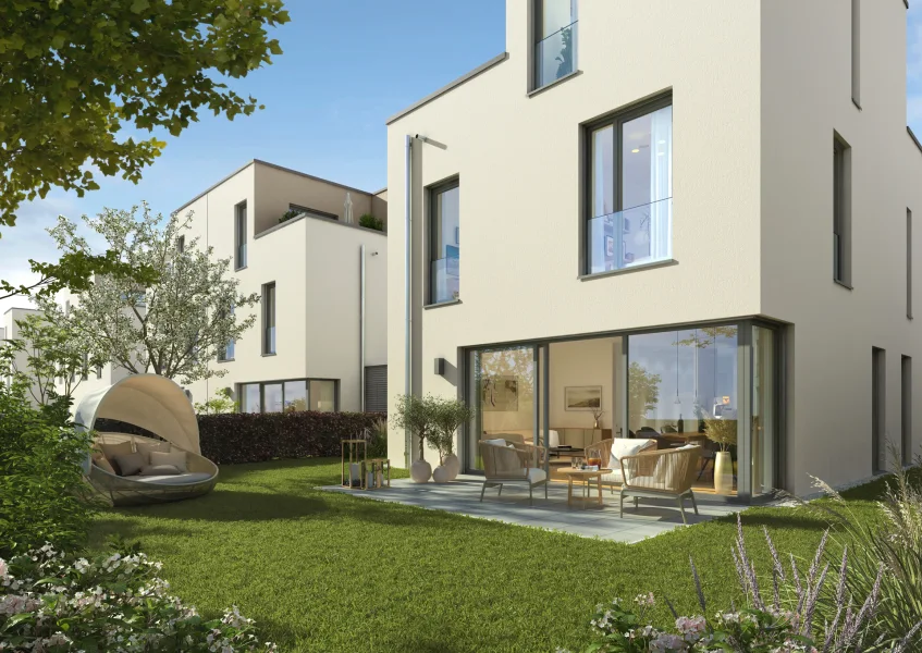 Gartenansicht Visualisierung - Haus kaufen in Düsseldorf / Unterbach - Stilvolles Einfamilienhaus in grüner Lage von Düsseldorf!