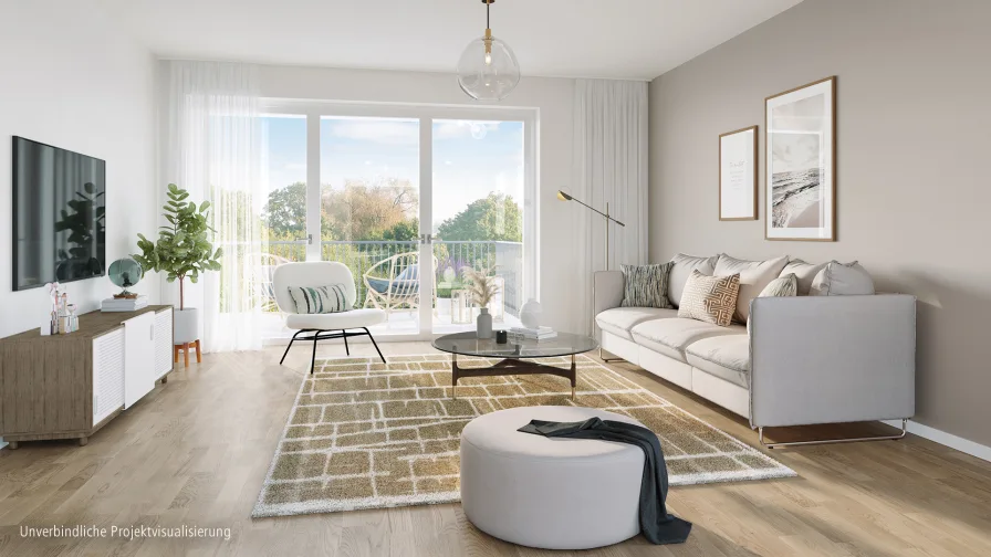 Wohnzimmer visualisiert - Wohnung kaufen in Düsseldorf-Benrath - Exklusive 4-Zimmer-Wohnung mit 2 Terrassen und großzügigem Garten in familienfreundlicher Lage