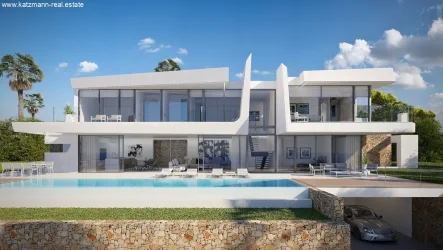 Vorderansicht der Villa - Haus kaufen in Moraira - Spanien, Costa Blanca, Moderne im Bau befindliche Villa "Katya" mit Meerblick und Infinity-Pool zu verkaufen