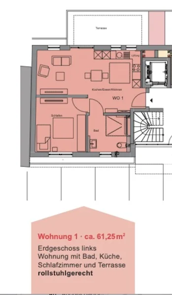 Grundriss rollstuhlgerechte Wohnung mit Terrrasse - Wohnung kaufen in Trier - ROLLSTUHLGERECHT: Neubau einer Eigentumswohnung rollstuhlgerecht und mit barrierefreiem Zugang, ca. 61,25 m2 Balkon, Aufzug, Baubeginn 2024