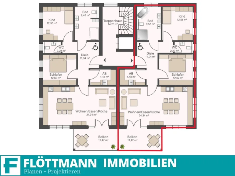 Grundriss - Wohnung kaufen in Bielefeld / Quelle - Wohnen am Fuße des Teutoburger Waldes! Projektierte Neubau-Wohnung in Bielefeld-Quelle!