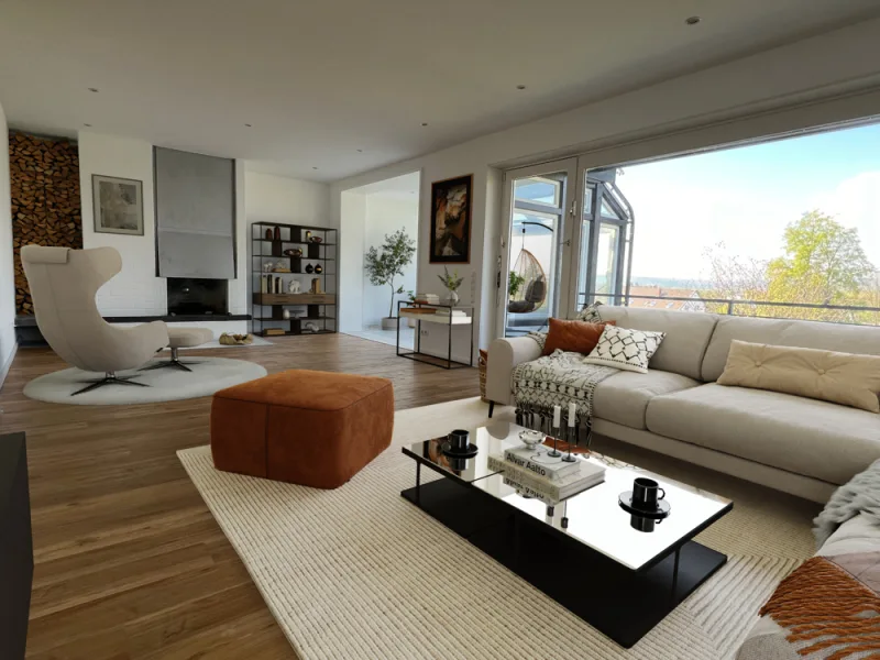 Wohnzimmer (virtuelles Staging) - Haus kaufen in Bonn / Oberkassel - 2014 renoviert! Bezugsfreies EFH mit schönem Sonnengarten und tollem Fernblick auf den Posttower!