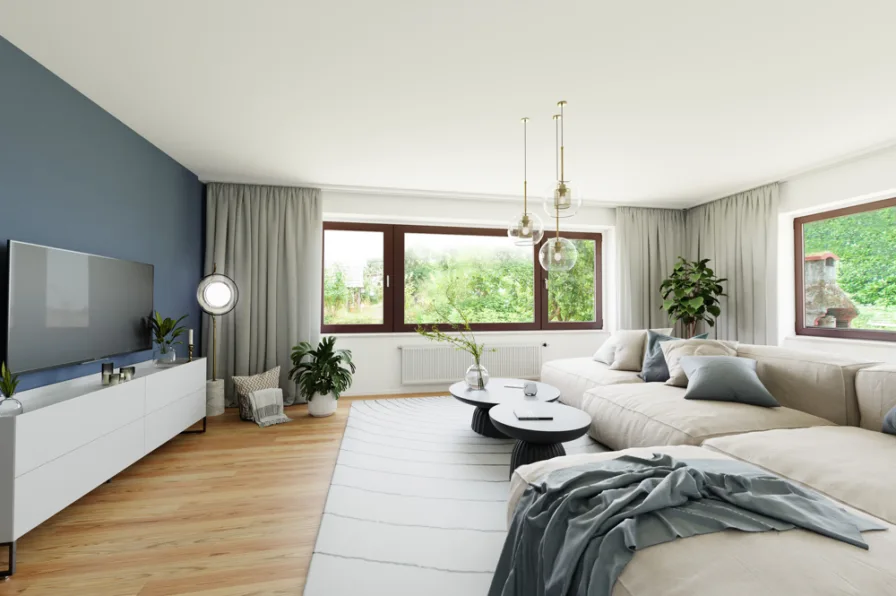 Visualisierung Wohnzimmer - Wohnung kaufen in Schmelz / Michelbach - Renovierungsbedürftige Erdgeschoss-Eigentumswohnung mit großem Potenzial und Gartenzugang