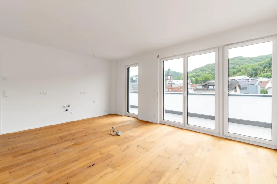 Wohnzimmer / Küche - Wohnung mieten in Irsch - Moderne Dachgeschoßwohnung mit Dachterrasse im Energiesparhaus in Irsch bei Saarburg