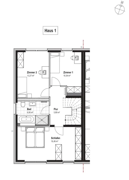 Grundriss Zimmer 1, 2 u. Schlafen (1.OG)