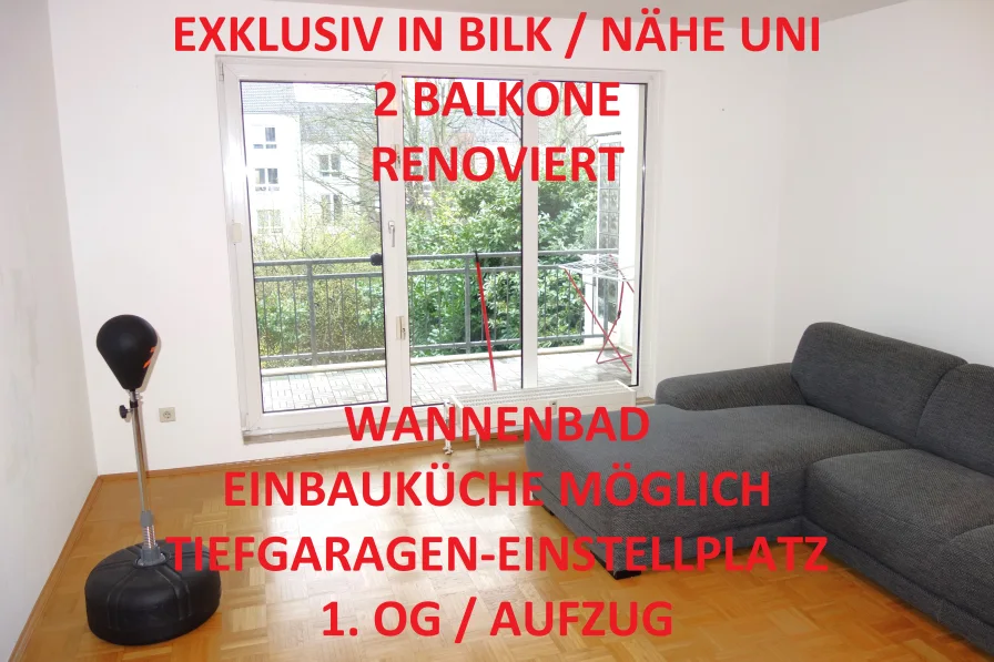 Titelbild - Wohnung mieten in Düsseldorf - EXKLUSIV BILK NÄHE UNI 2 BALKONE WANNENBAD PARKETT EINBAUK. MÖGL. RENOVIERT TG-STELLPL. 1.OG/AUFZUG