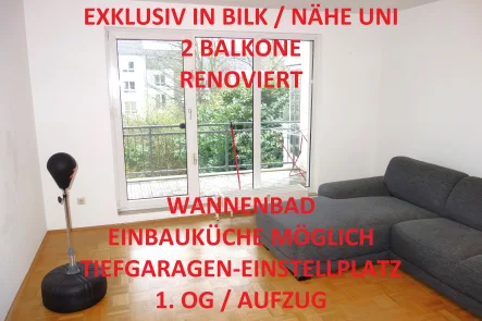 Titelbild - Wohnung mieten in Düsseldorf - EXKLUSIV BILK NÄHE UNI 2 BALKONE WANNENBAD PARKETT EINBAUK. MÖGL. RENOVIERT TG-STELLPL. 1.OG/AUFZUG