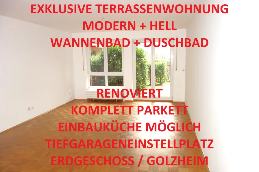 Titelbild - Wohnung mieten in Düsseldorf - EXKLUSIV RENOVIERTE TERRASSENWHG. MODERN+HELL 2 BÄDER EINBAUKÜ.MÖGL. PARKETT TG-STELLPLATZ ERDGESCH.