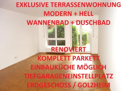 Titelbild - Wohnung mieten in Düsseldorf - EXKLUSIV RENOVIERTE TERRASSENWHG. MODERN+HELL 2 BÄDER EINBAUKÜ.MÖGL. PARKETT TG-STELLPLATZ ERDGESCH.