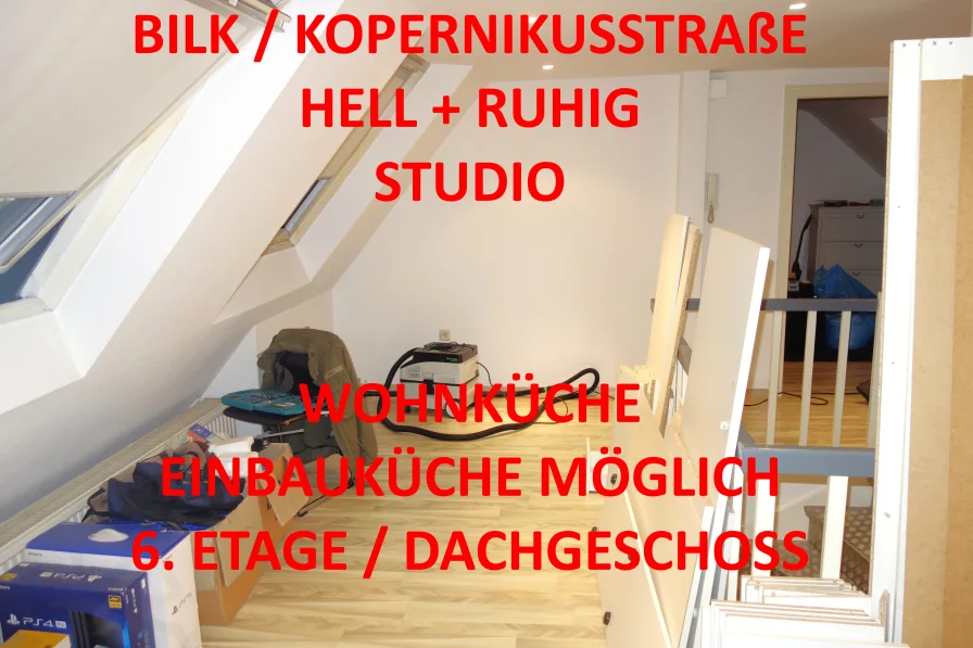 Titelbild - Wohnung mieten in Düsseldorf - BILK ABSOLUT HELLE + RUHIGE DACHGESCHOSS-WOHNUNG LAMINAT DUSCHBAD WOHNKÜCHE/EINBAUKÜCHE MÖGLICH 6.OG