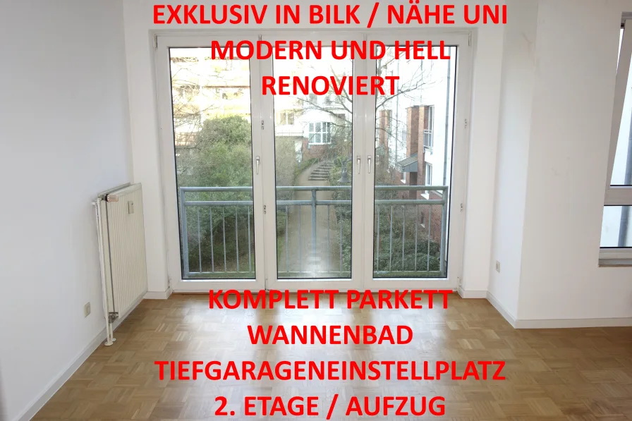 Titelbild - Wohnung mieten in Düsseldorf - NÄHE UNI 1-ZIMMER-APT. SEP. KÜCHE WANNENBAD RENOVIERT PARKETT MODERN + HELL TG.-STELLPL. 2.OG/AUFZUG