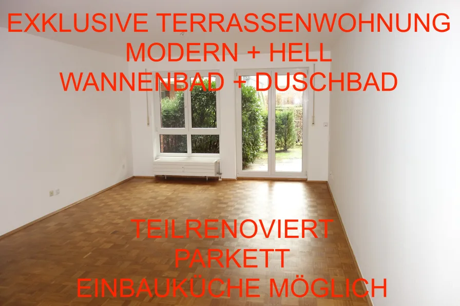 Wohnzimmer.Titelbild - Wohnung mieten in Düsseldorf - EXKLUSIV RENOVIERTE TERRASSENWHG. MODERN+HELL 2 BÄDER EINBAUKÜ.MÖGL. PARKETT TG-STELLPLATZ ERDGESCH.