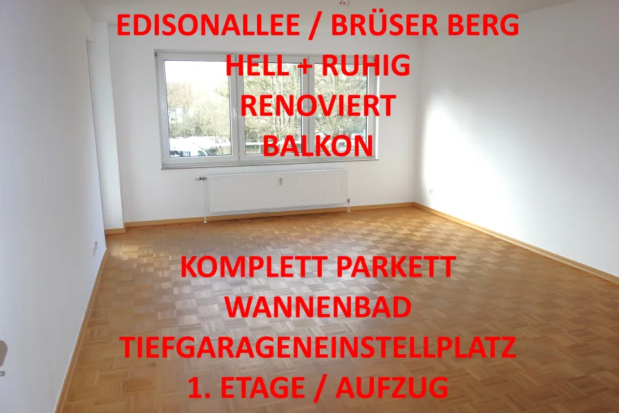 Titelbild - Wohnung mieten in Bonn - EDISONALLEE BRÜSER BERG HELL + RUHIG RENOVIERT BALKON WANNENBAD PARKETT TG-STELLPL. 1. ETAGE/AUFZUG