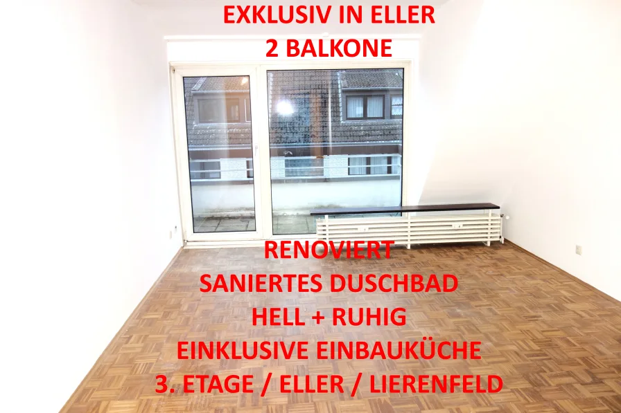 Titelbild - Wohnung mieten in Düsseldorf - EXKLUSIV 2 BALKONE SANIERTES BAD HELL PARKETT+LAMINAT EINBAUKÜCHE MÖGL. RUHIGE LAGE ELLER/LIERENFELD