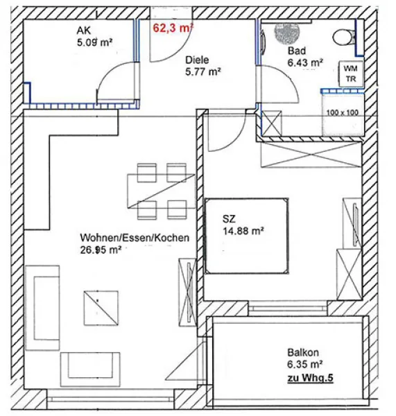 1. Obergeschoss, 2 Zimmer, 62,30 m²