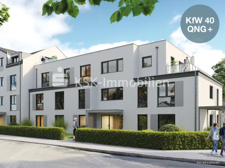 Straßenansicht - Wohnung kaufen in Troisdorf / Oberlar - Modernes Stadtleben: Helle 2-Zimmer-Wohnung KfW 40 QNG+