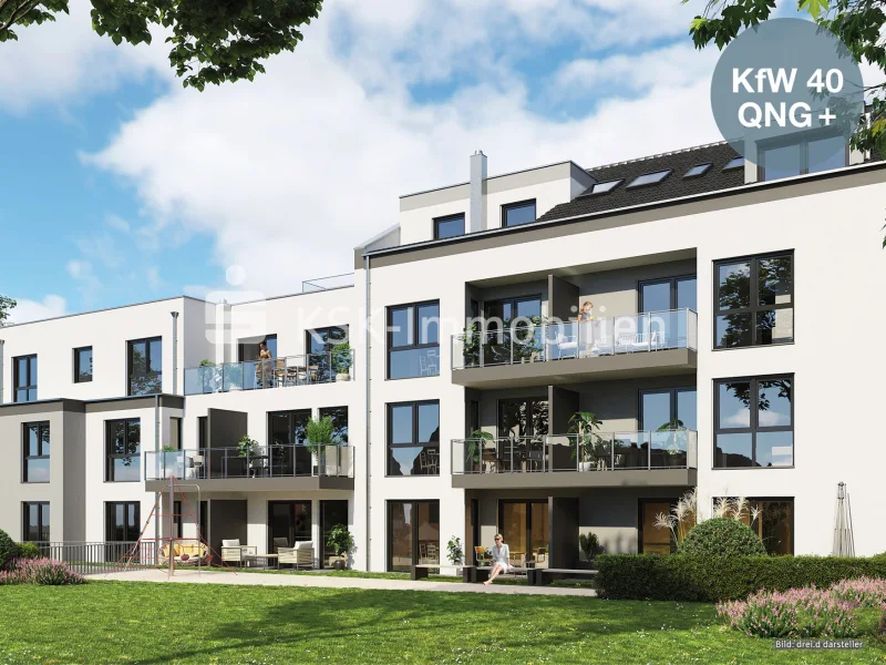 Gartenansicht - Wohnung kaufen in Troisdorf / Oberlar - Lebensqualität pur: Gemütliche 3-Zimmer-Wohnung KfW 40 QNG+