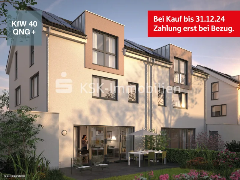 Gartenansicht - Haus kaufen in Alfter / Witterschlick - Neubau Doppelhaushälften im KfW-40 QNG+ Standard mit Warmkeller.