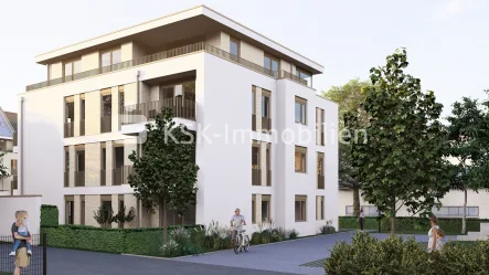 Rückansicht Haus 2 - Wohnung kaufen in Köln / Höhenberg - Neubau: 3-Zimmer-Wohnung im 1. OG - Komfort trifft Energieeffizienz mit KfW 40!